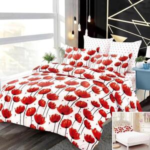 Lenjerie de pat, 2 persoane, finet, 6 piese, cu elastic, alb , cu flori rosii, LEL257
