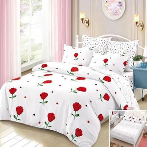 Lenjerie de pat, 2 persoane, finet, 6 piese, cu elastic, alb , cu trandafiri roșii, LEL258