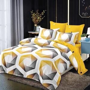 Lenjerie de pat, 2 persoane, finet, 6 piese, alb si galben, cu imprimeu hexagon, LFN262