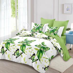 Lenjerie de pat, 2 persoane, finet, 6 piese, alb și verde, cu fluturi verzi, LFN257