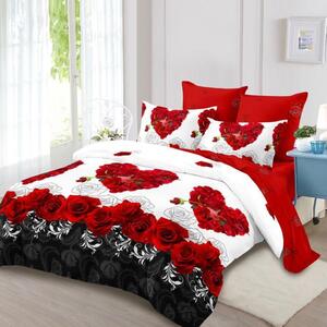 Lenjerie de pat, 2 persoane, finet, 6 piese, alb roșu negru, cu trandafiri și inimi roșii, LFN258