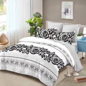 Lenjerie de pat, 2 persoane, finet, 6 piese, alb si gri, cu flori negre, LFN261