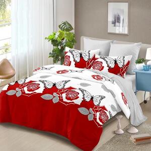 Lenjerie de pat, 2 persoane, finet, 6 piese, roșu alb gri, cu trandafiri și fluturi, LFN266
