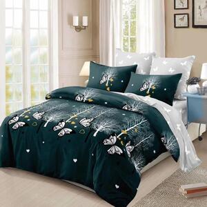 Lenjerie de pat, 2 persoane, finet, 6 piese, verde si gri, cu fluturi si copaci albi, LFN259