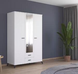Dulap 140 cm lungime, 3 uși batante, 2 sertare, mânere și picioare negre, culoare alb, 203 cm înălțime