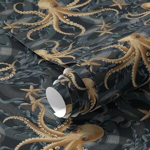 Tapet Octopus pe un fundal albastru închis, Tapet pentru copii, Tapet pentru fete, a00120v1 : Uwalls.ro