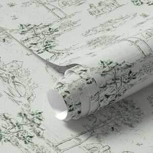 Tapet Scenă cu cai, copaci și castel pe fundal verde, Tapet vintage, a00133v1 : Uwalls.ro