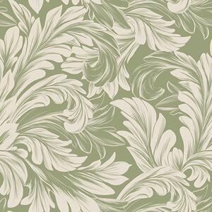 Tapet Baroc cu frunze crem pe fundal verde, Tapet flori, a00135 : Uwalls.ro