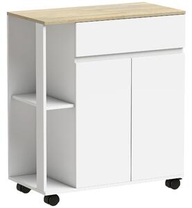 HOMCOM Cărucior Bucătărie, Insulă Bucătărie cu Sertar, Dulap, 2 Rafturi Laterale și Rafturi Reglabile, Cărucior Multifuncțional din Lemn, 78x39,5x88,5 cm, Alb și Stejar | Aosom Romania