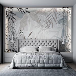 Tapet Design abstract floral modern cu frunze pastel bej, gri, albastru și negru, artă delicată de linii și, Fototapet Modern, w09105 : Uwalls.ro