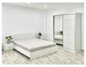 Dormitor Albania Alb cu Pat Matrimonial Alb si Saltea 160 cm x 200 cm , Dulap Usi Glisante Alb 150 cm x 200 cm si Noptiere Albe