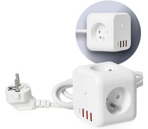Prelungitor cubic cu întrerupător LINEA 3x230V + 4xUSB c.a. alb
