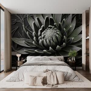 Tapet Protea floare, verde și negru, Fototapet Flori, Fototapet Flori Mari, w03930v3 : Uwalls.ro