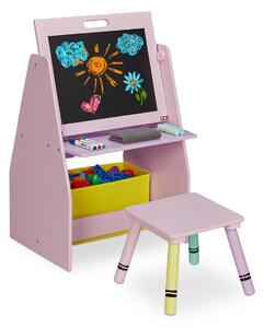 Raft depozitare camera copiilor cu tabla pentru desenat, scaunel inclus, lemn, Lila