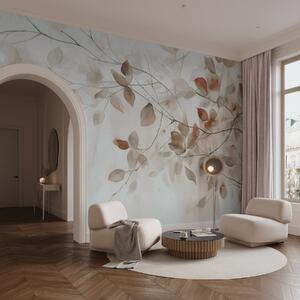 Tapet Textural pictura acuarelă imitație de frunze maro și ramuri, culori moi, detalii delicate pe un fundal, Fototapet Natură, w09133 : Uwalls.ro