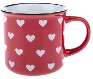 Cană ceramică, roșu cu inimioare albe, 400 ml