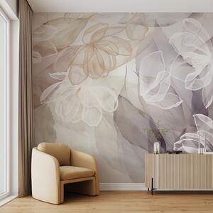 Tapet Flori și frunze cu petale transparente în nuanțe de alb, bej și violet, moi și delicate, Fototapet Flori, w09158 : Uwalls.ro