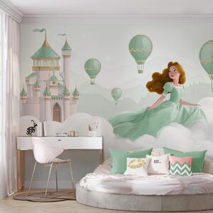 Tapet Prințesa printre nori pe fundalul peisajului cu castelul, Fototapet Pentru Copii, Fototapet Baloane, w04015v2 : Uwalls.ro