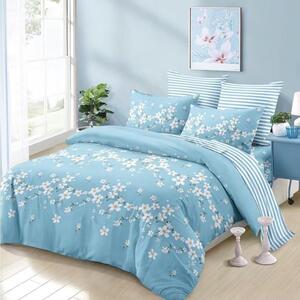 Lenjerie de pat, 2 persoane, finet, 6 piese, albastru deschis, cu floricele si linii, LFN271