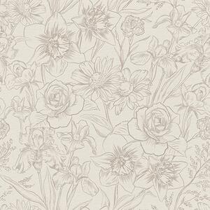Tapet Contour flori pe un fundal crem, model floral delicat, Tapet rustic, a00218 : Uwalls.ro