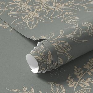 Tapet Flori de contur pe fundal albastru-cenușiu, model botanic elegant, Tapet flori, a00226 : Uwalls.ro
