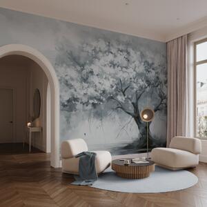 Tapet Copac cu flori albastre abstracte în plină înflorire, lângă un râu, tușe de pensulă, Fototapet pădure, Fototapet copaci, w09193v2 : Uwalls.ro