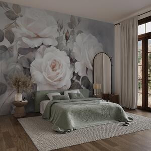 Tapet Trandafiri albi texturați cu frunze și tulpini, culori pastelate moi, stil vintage elegant, tușe delicate, Fototapet Flori, w09198 : Uwalls.ro