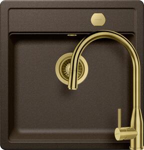 Set chiuveta bucatarie Schock Mono N-100S 490 x 510 mm Cristadur Bronze, maro bronz cu baterie bucatarie Schock Kavus cu cap extractibil si parti vizibile White Gold