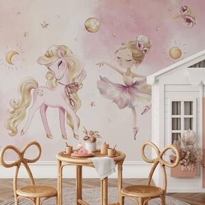 Tapet Unicorn și balerină într-un basm roz, poveste pentru copii, Fototapet Pentru Copii, w04196 : Uwalls.ro