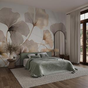 Tapet Ginkgo biloba frunze în tonuri de bej, galben și maro, efect de acuarelă cu textură delicată, fundal, Fototapet Natură, w09215 : Uwalls.ro