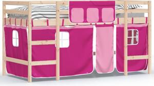 Pat etajat de copii cu perdele, roz, 90x190 cm, lemn masiv pin