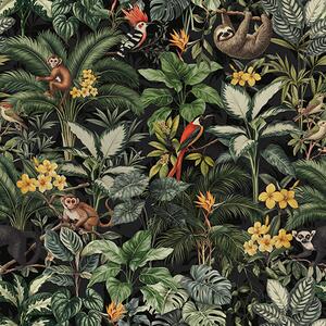 Tapet Junglă tropicală cu maimuțe, păsări și frunziș dens, Tapet pădure, a00191 : Uwalls.ro