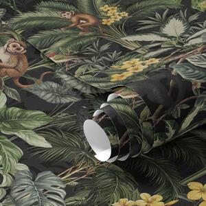 Tapet Junglă tropicală cu maimuțe, păsări și frunziș dens, Tapet pădure, a00191 : Uwalls.ro