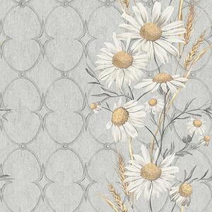 Tapet Margarete pe fundal gri cu model geometric, Tapet flori, a00269 : Uwalls.ro