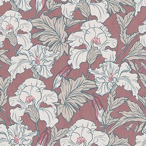 Tapet Hibiscus alb pe fundal roz cu muguri roșii, Tapet flori, a00272 : Uwalls.ro
