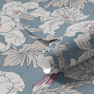 Tapet Hibiscus alb pe fundal albastru cu model de contur, Tapet flori, a00272v1 : Uwalls.ro