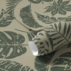 Tapet Frunze tropicale în stil linogravură, verde pe galben, Tapet flori, a00274 : Uwalls.ro