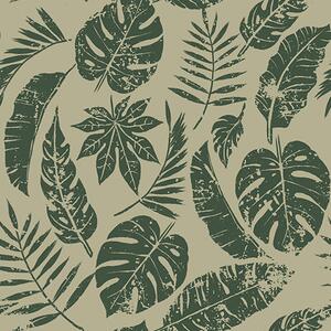 Tapet Frunze tropicale în stil linogravură, verde pe galben, Tapet flori, a00274 : Uwalls.ro