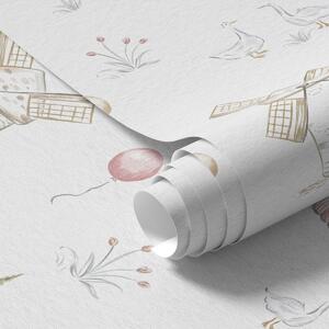 Tapet Ilustrații pentru copii: Câine, rațe, mingi, moară, Tapet pentru copii, Tapet pentru băieți, a00278 : Uwalls.ro