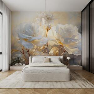 Tapet Trandafiri albi texturați cu tulpini și frunze galbene, iluminare moale, fundal luminos cu forme florale, Fototapet Flori, w09258 : Uwalls.ro