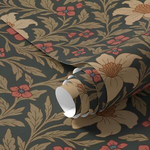 Tapet Fundal închis cu flori galbene și roșii în stil Art Nouveau, Tapet flori, a00293 : Uwalls.ro