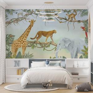 Tapet Ilustrație din junglă cu girafă, ghepard și elefant, Fototapet Pentru Copii, w04194 : Uwalls.ro