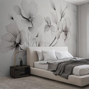 Tapet Flori albe și negre cu linii elegante pe un fundal gri, Fototapet Flori, w09271 : Uwalls.ro