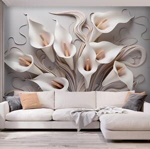 Tapet Crini calla volumetrici în tonuri cremoase cu efect 3D, Fototapet Flori, w09281 : Uwalls.ro