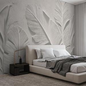Tapet Frunze gri texturate pe un fundal cu relief din ipsos fals, Fototapet 3D, Fototapet 3D Frunze, w09307 : Uwalls.ro