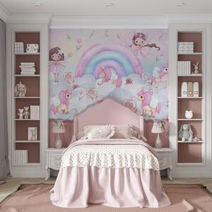 Tapet Zâne și unicorni printre nori și curcubee, Fototapet Pentru Copii, Rainbow pentru copiilor, w04371 : Uwalls.ro