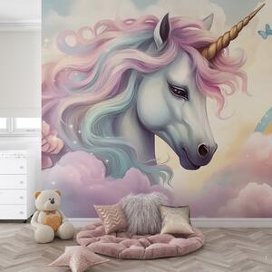 Tapet Unicorn pe un cer înnorat cu un curcubeu, Fototapet Pentru Copii, Fototapet pentru camera unei fete, w04372 : Uwalls.ro