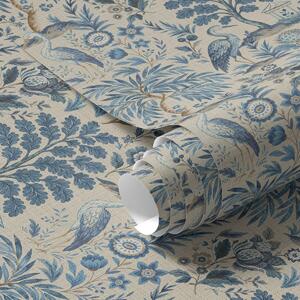 Tapet Toile de Jouy stil cu păsări albastre și copaci tropicali, Tapet flori, a00382 : Uwalls.ro
