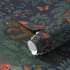 Tapet Jungla tropicală cu leopard, leopard, papagali și fluturi, Tapet pădure, a00388 : Uwalls.ro