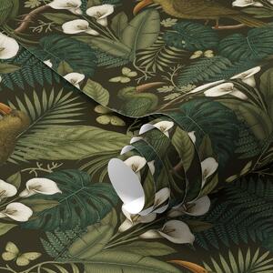 Tapet Păsări tropicale și verdeață luxuriantă pe fundal întunecat de junglă, Tapet flori, a00397 : Uwalls.ro